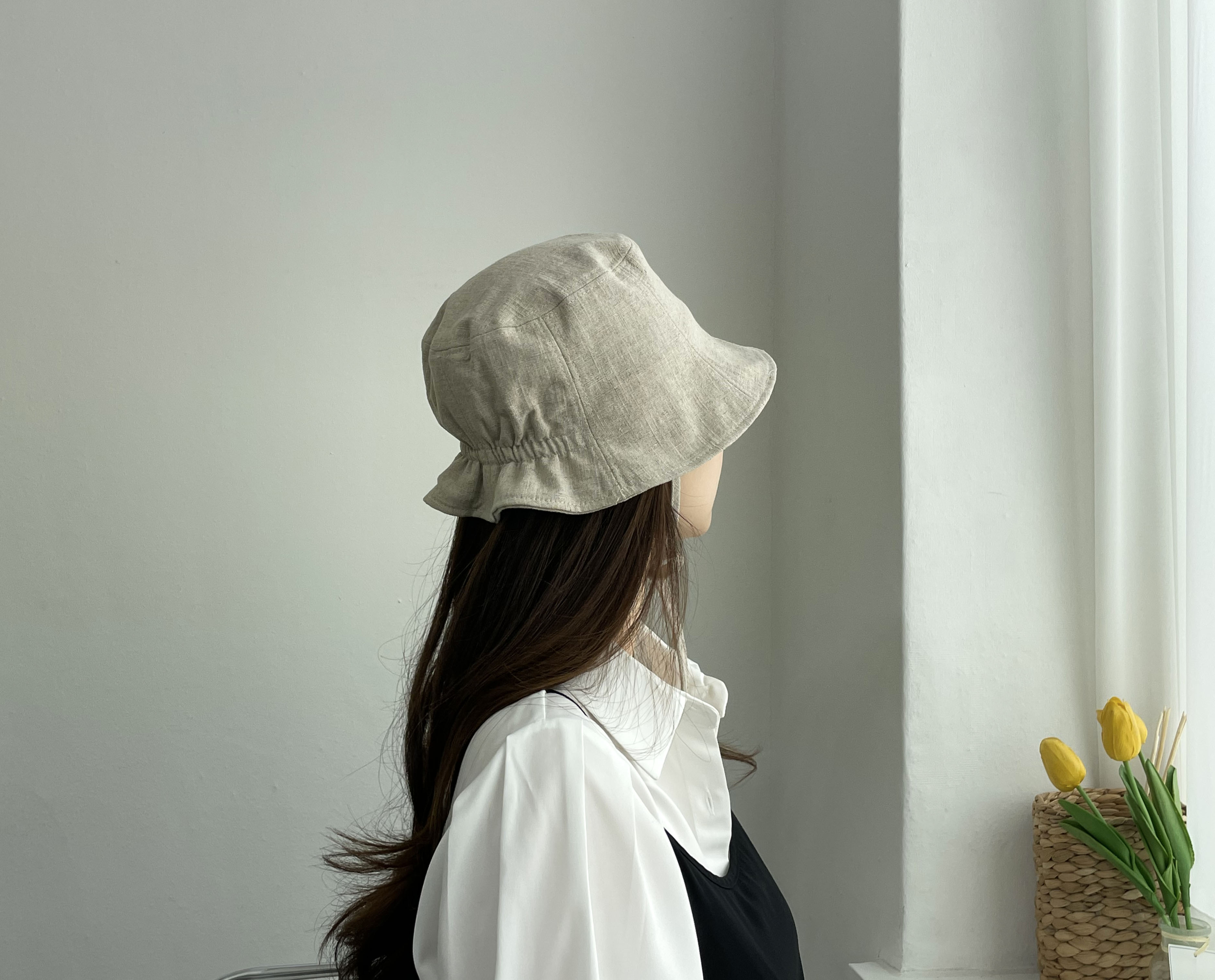 봄 여름 린넨 밴딩 숏챙 턱 끈 여성 보넷 벙거지 모자 버킷햇 상세 이미지 9