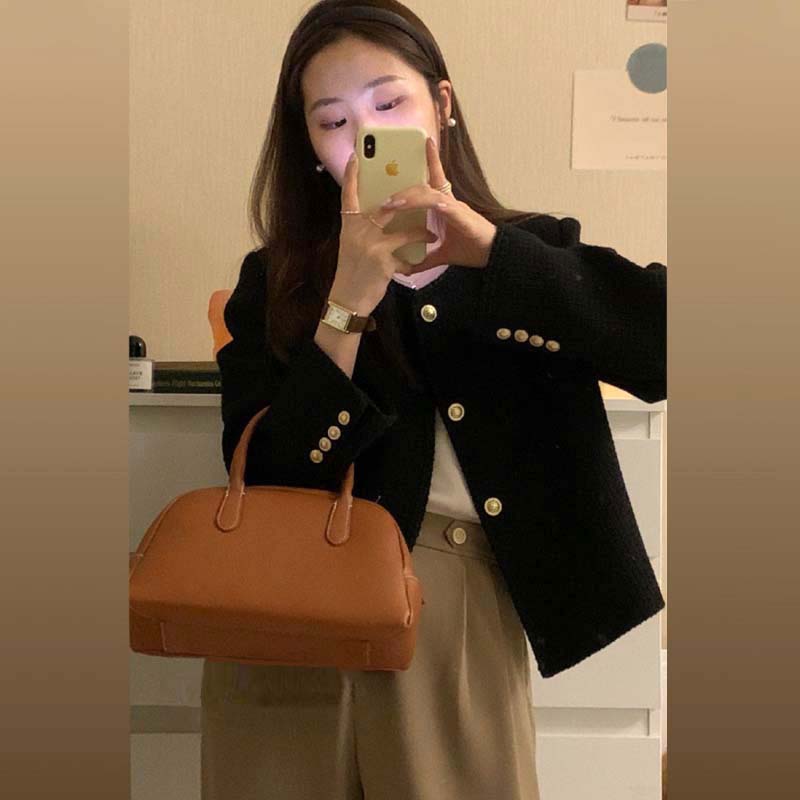 키하몬 골드버튼 트위드 자켓 노카라 라운드넥 긴팔 봄 루즈핏 세미 기본 트위드 재킷 이미지