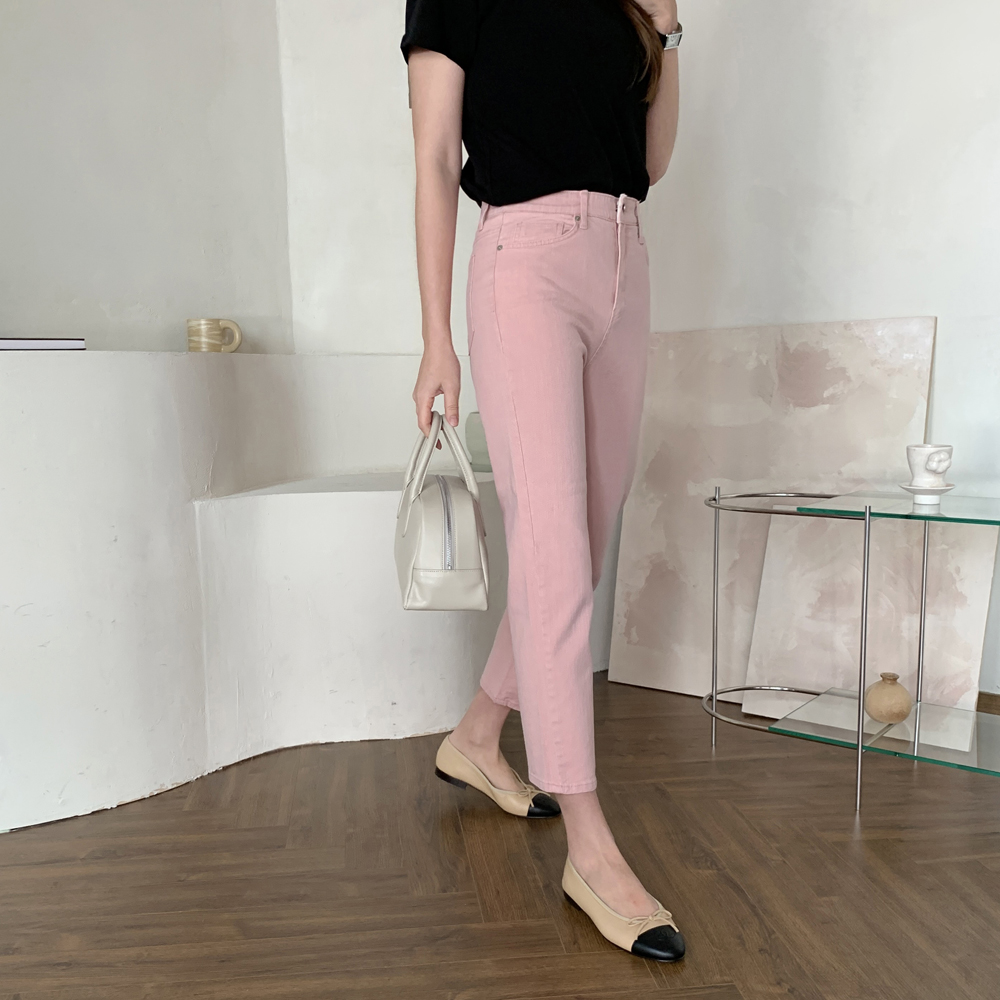 하이웨스트 슬림 일자 코튼 밴딩팬츠 여성 면팬츠 키작녀바지 9부 화이트 핑크바지 - 상세 이미지 3