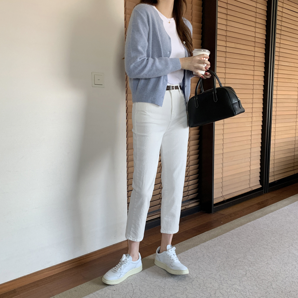 하이웨스트 슬림 일자 코튼 밴딩팬츠 여성 면팬츠 키작녀바지 9부 화이트 핑크바지 - 상세 이미지 4