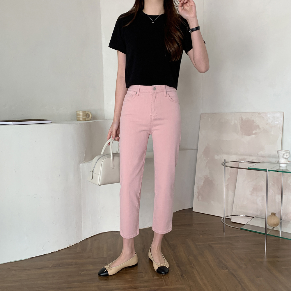 하이웨스트 슬림 일자 코튼 밴딩팬츠 여성 면팬츠 키작녀바지 9부 화이트 핑크바지 - 상세 이미지 2