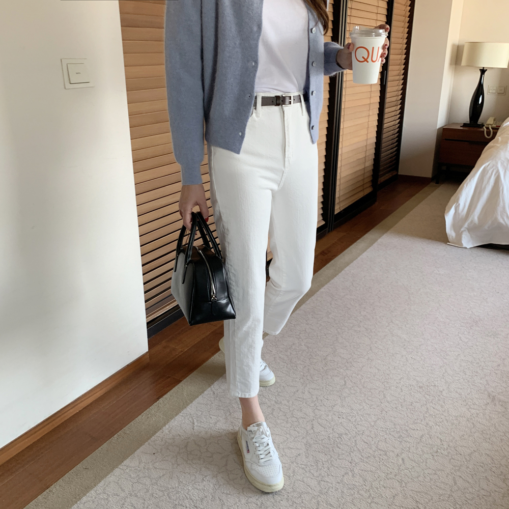 하이웨스트 슬림 일자 코튼 밴딩팬츠 여성 면팬츠 키작녀바지 9부 화이트 핑크바지 - 상세 이미지 5