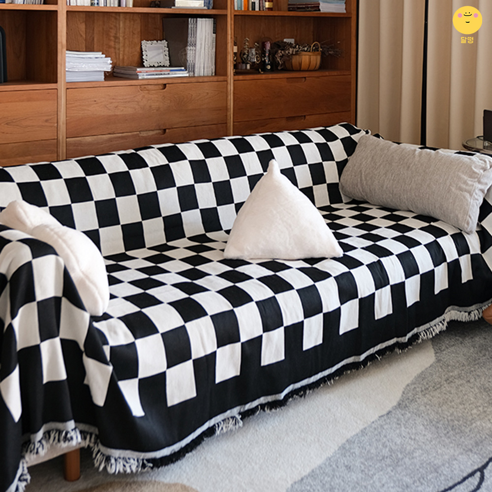 달떵 그린 화이트 체커보드 쇼파 커버 천갈이 덮개 가죽 블랭킷 커버링 패브릭180x180