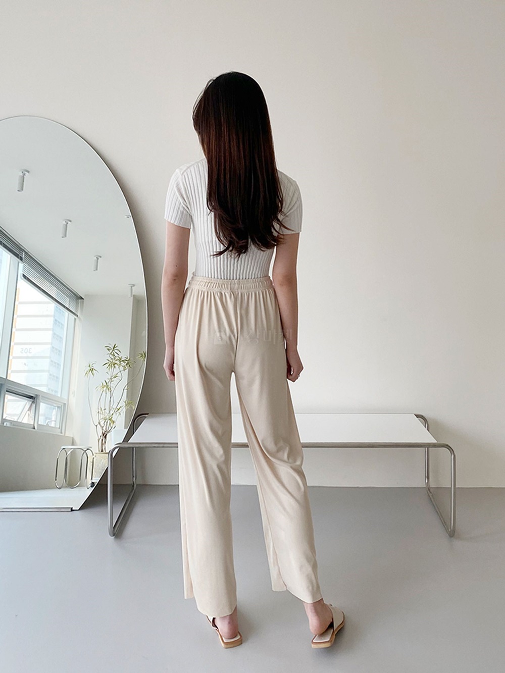 봄 여름 허리 밴딩 고무줄 골지 세미 일자 와이드 통바지 팬츠 편한 찰랑 데일리 홈웨어 - 상세 이미지 5