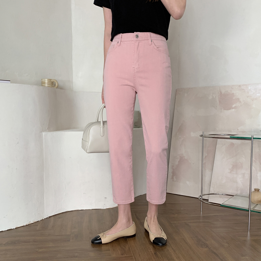 하이웨스트 슬림 일자 코튼 밴딩팬츠 여성 면팬츠 키작녀바지 9부 화이트 핑크바지 - 상품 이미지