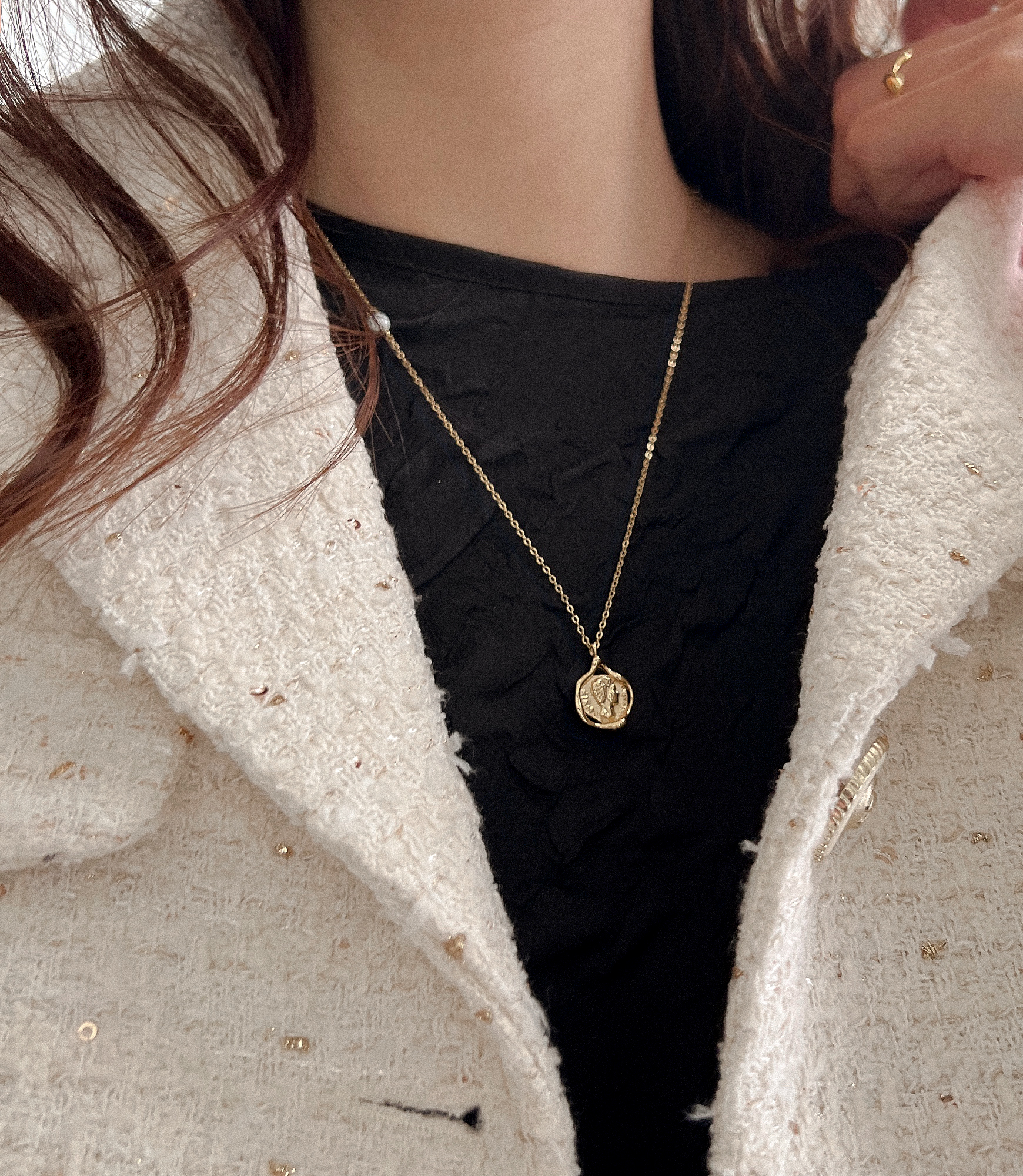 925실버] 빈센트 빈티지 중간길이 담수진주 코인 동전목걸이 - VENENO