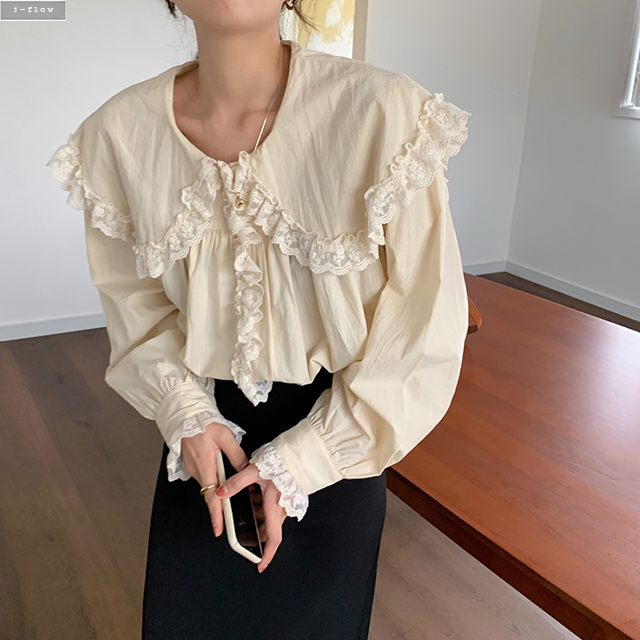 오프닝 레이스 빅카라 오버핏 봄 블라우스 1col 코튼 루즈핏 세일러 하프 제이플로우 - 상세 이미지 3