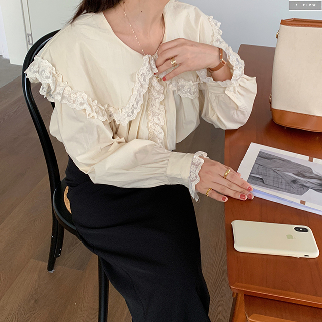 오프닝 레이스 빅카라 오버핏 봄 블라우스 1col 코튼 루즈핏 세일러 하프 제이플로우 이미지 8