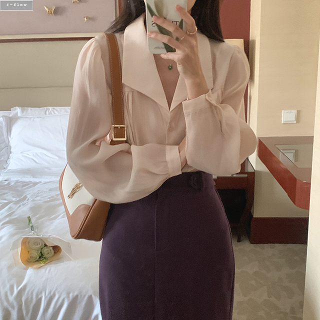 셀느 루즈핏 시스루 카라넥 핀턱주름 블라우스 2color 봄 여름 여리 하객 제이플로우 - 상세 이미지 5