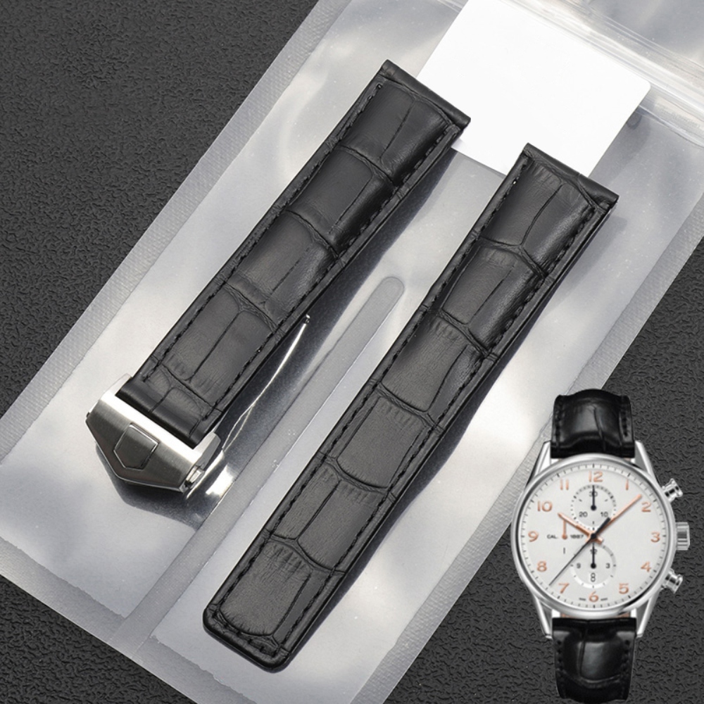 태그호이어 송아지 가죽 호환 시계줄 스트랩 카레라 F1 모나코 다이빙 폴딩 블랙 실버 버클 22mm - 상품 이미지