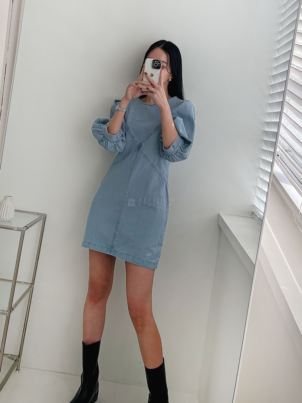스티치 셔링 퍼프소매 7부 청 미니 원피스 연청 진청 이미지 4