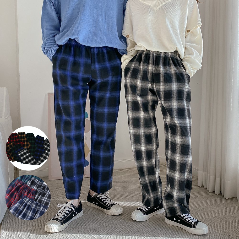 체크무늬바지 남녀공용 일자 와이드 밴딩 편한바지 타탄 체크 팬츠 - 상품 이미지