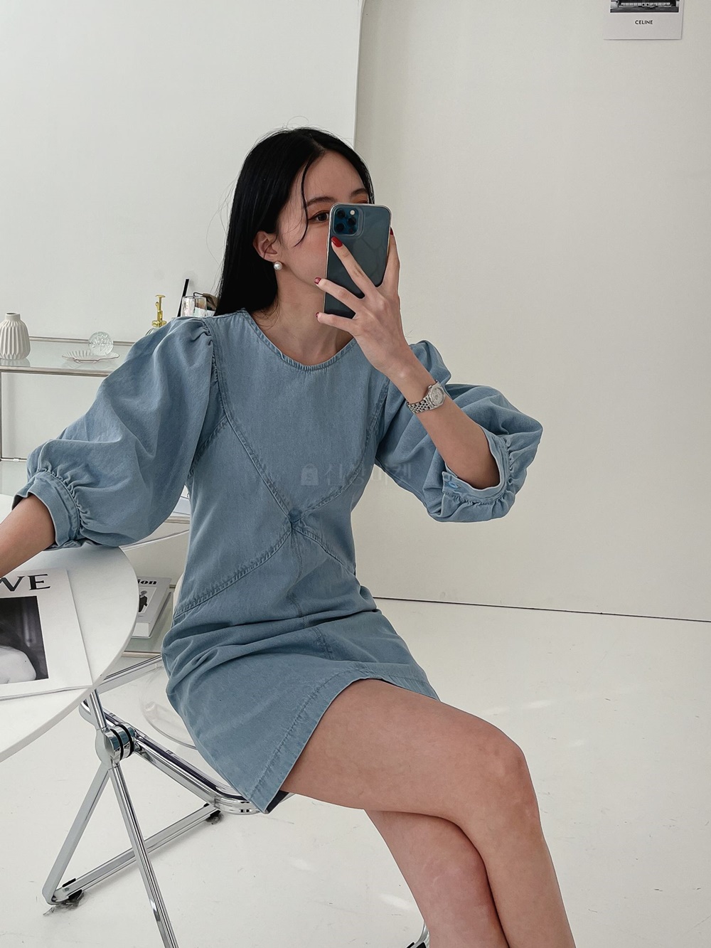 스티치 셔링 퍼프소매 7부 청 미니 원피스 연청 진청 이미지 3