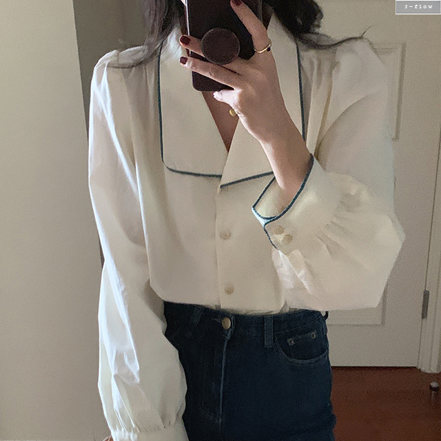 크라임 배색 자수 카라 코튼 봄 블라우스 (아이보리) 가을 봄 퍼프 벌룬 세일러 제이플로우 이미지 2