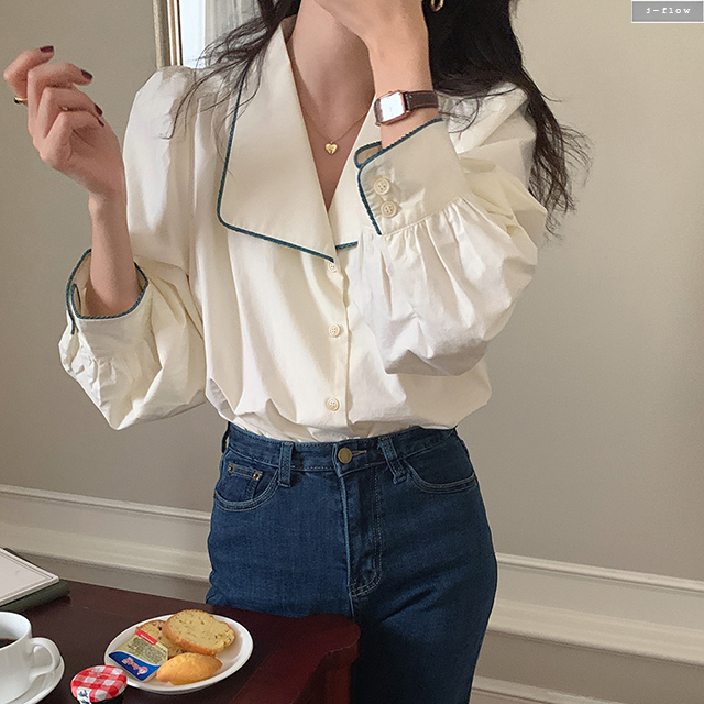 크라임 배색 자수 카라 코튼 봄 블라우스 (아이보리) 가을 봄 퍼프 벌룬 세일러 제이플로우 이미지 4