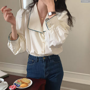 크라임 배색 자수 카라 코튼 봄 블라우스 (아이보리) 가을 봄 퍼프 벌룬... 착용 후기 | 사이즈/핏 총정리 - 상품 이미지 4