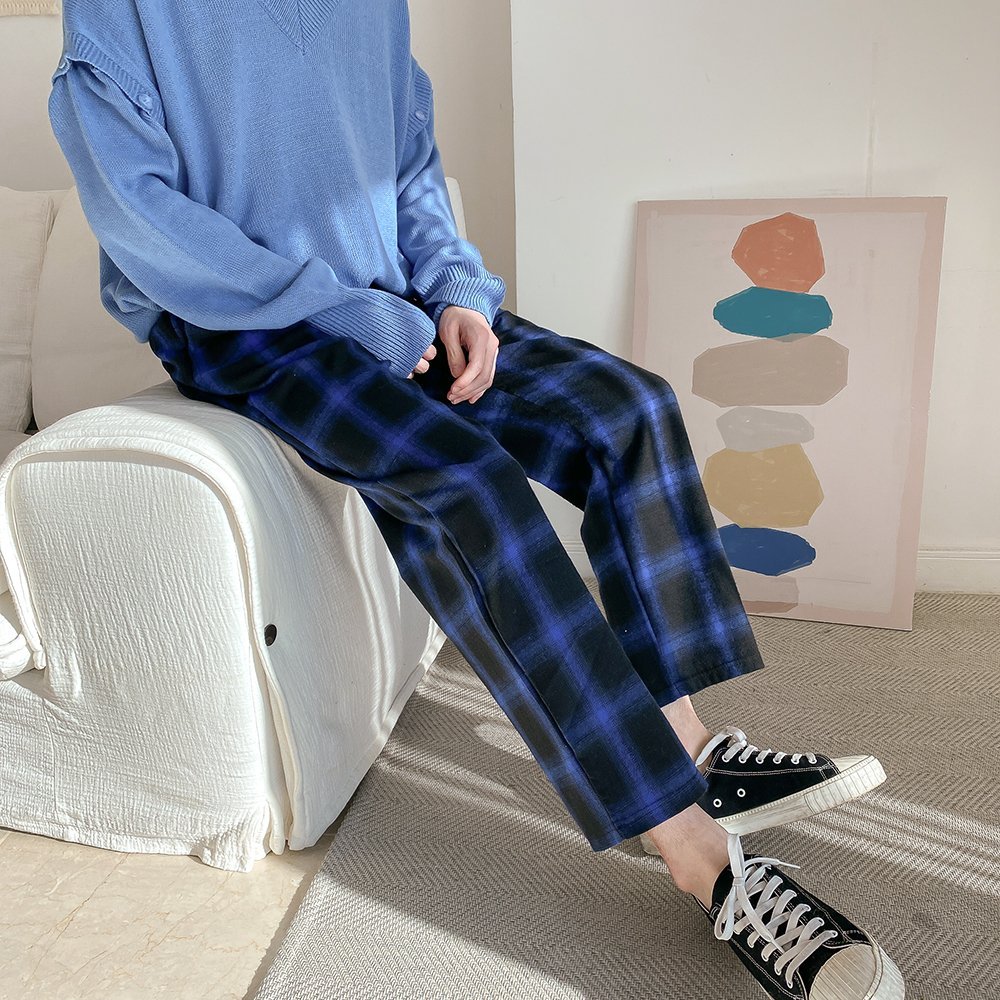 체크무늬바지 남녀공용 일자 와이드 밴딩 편한바지 타탄 체크 팬츠 - 상세 이미지 3