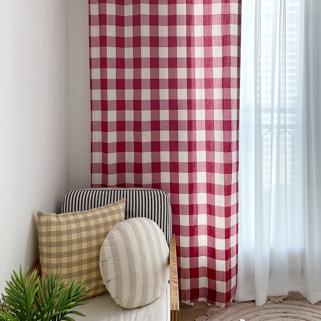 와이드 레드 빅체크 커튼 핀스타일 세로150cm