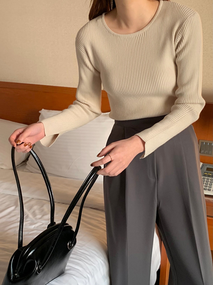여리여리 슬림 루즈핏 라운드 골지 니트 트임 여성 긴팔 니트 티 가을 아이보리 베이지