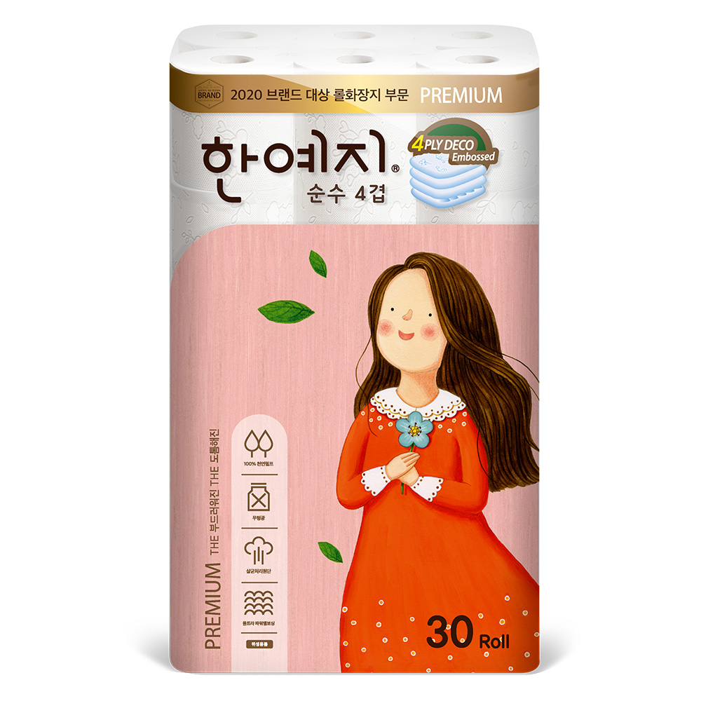 한예지 천연펄프 프리미어 순수 4겹 화장지 25m, 30롤, 2팩