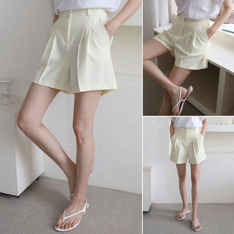 하이웨스트 핀턱 반바지 여름 바지 여자 썸머 반바지 4부 스판 키작녀 숏팬츠 - 상품 이미지