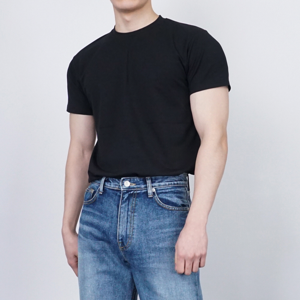 남자 목안늘어나는 스판 무지 머슬핏 반팔티 하늘색 비침없는흰티 - 메인 이미지