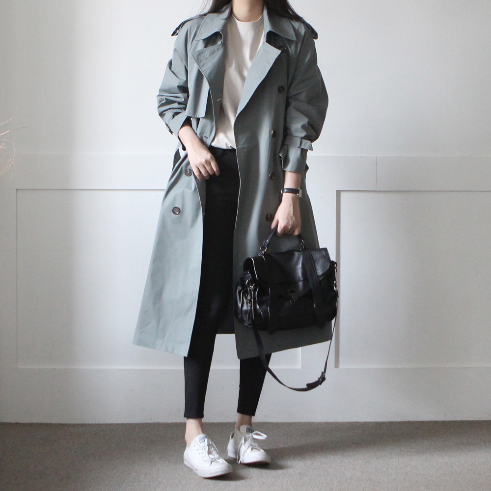 오버핏 바스락 코튼 더블 롱 여성 트렌치코트 여자 가을 코트 바바리 간절기코트 빅사이즈