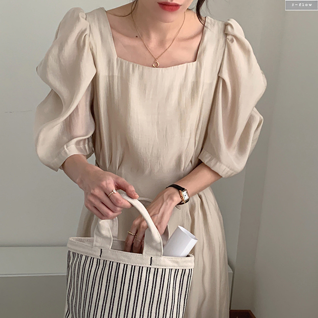 퓨레 맥시 소매 셔링 스퀘어넥 롱원피스 4color 여름 봄 허리끈 버튼 하객 제이플로우 - 상세 이미지 5