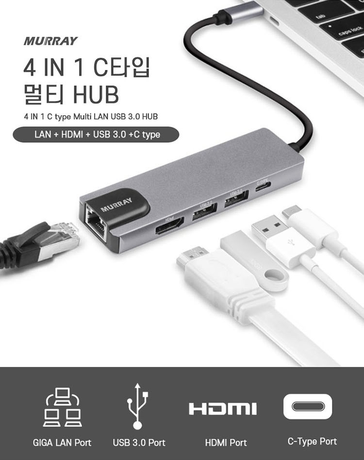 1기가 랜포트지원 4in1 C타입 usb 맥북프로 아이패드 멀티 허브 - 상세 이미지 2