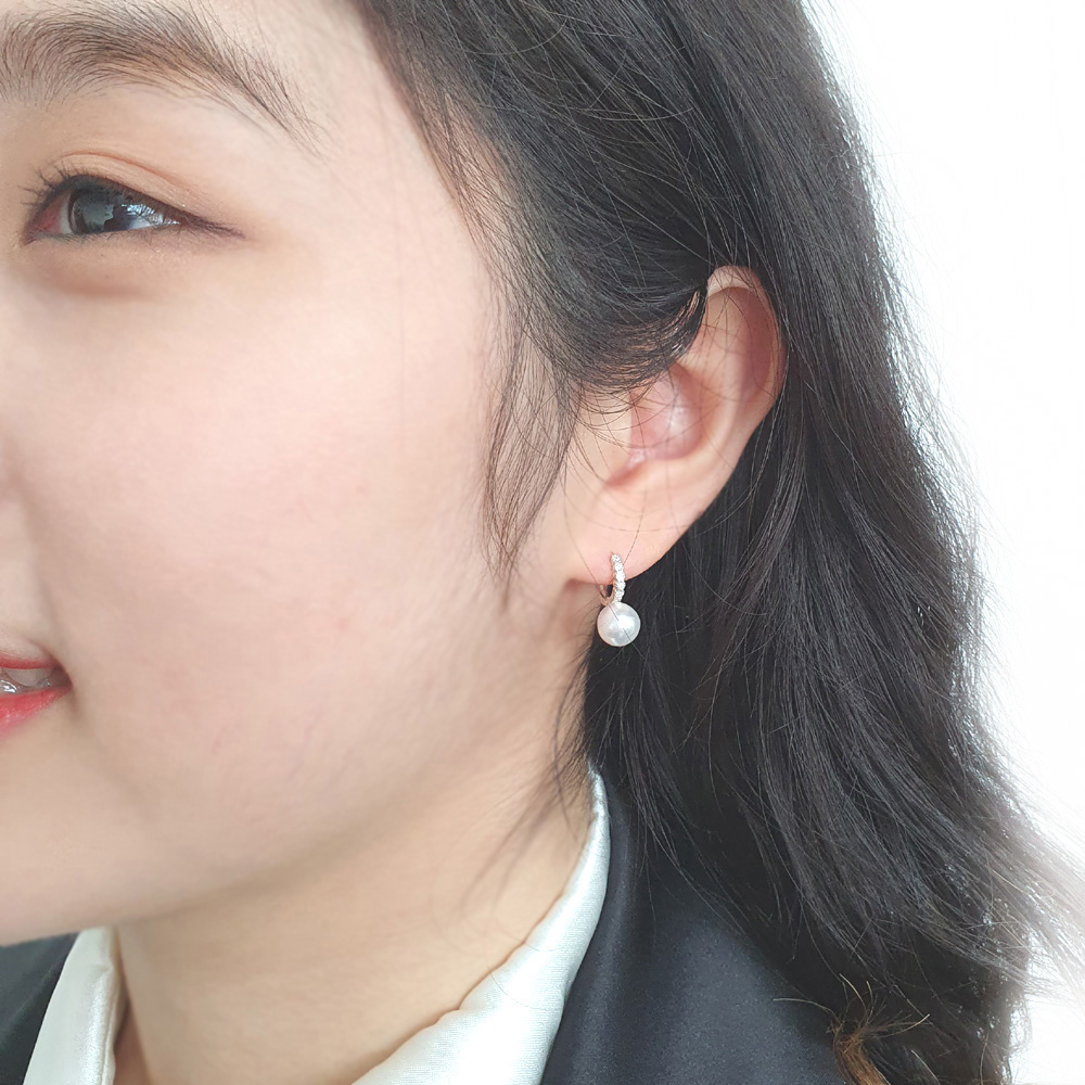 야랑쥬얼리 925실버 원터치 큐빅 진주드롭 귀걸이 - 상세 이미지 2