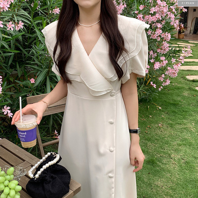오브리 빅물결 카라 실키 버튼 롱원피스 3col 여름 봄 쉬폰 허리끈 하객 모임 제이플로우 - 상품 이미지