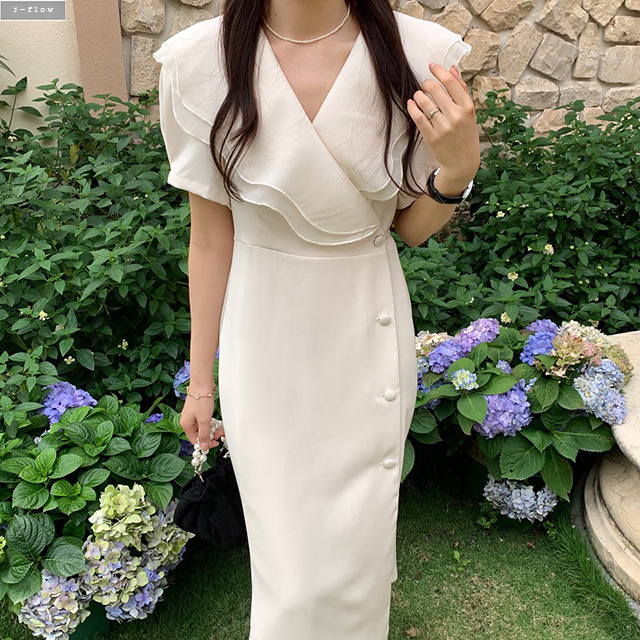 오브리 빅물결 카라 실키 버튼 롱원피스 3col 여름 봄 쉬폰 허리끈 하객 모임 제이플로우 이미지 7