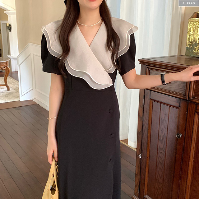 오브리 빅물결 카라 실키 버튼 롱원피스 3col 여름 봄 쉬폰 허리끈 하객 모임 제이플로우 이미지 6