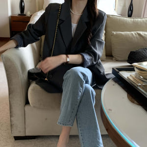 여성용 고급 루즈핏 더블버튼 봄 간절기 오버핏 카라넥 긴팔 캐쥬얼 하프 ... 착용 후기 | 사이즈/핏 총정리 - 상품 이미지 2
