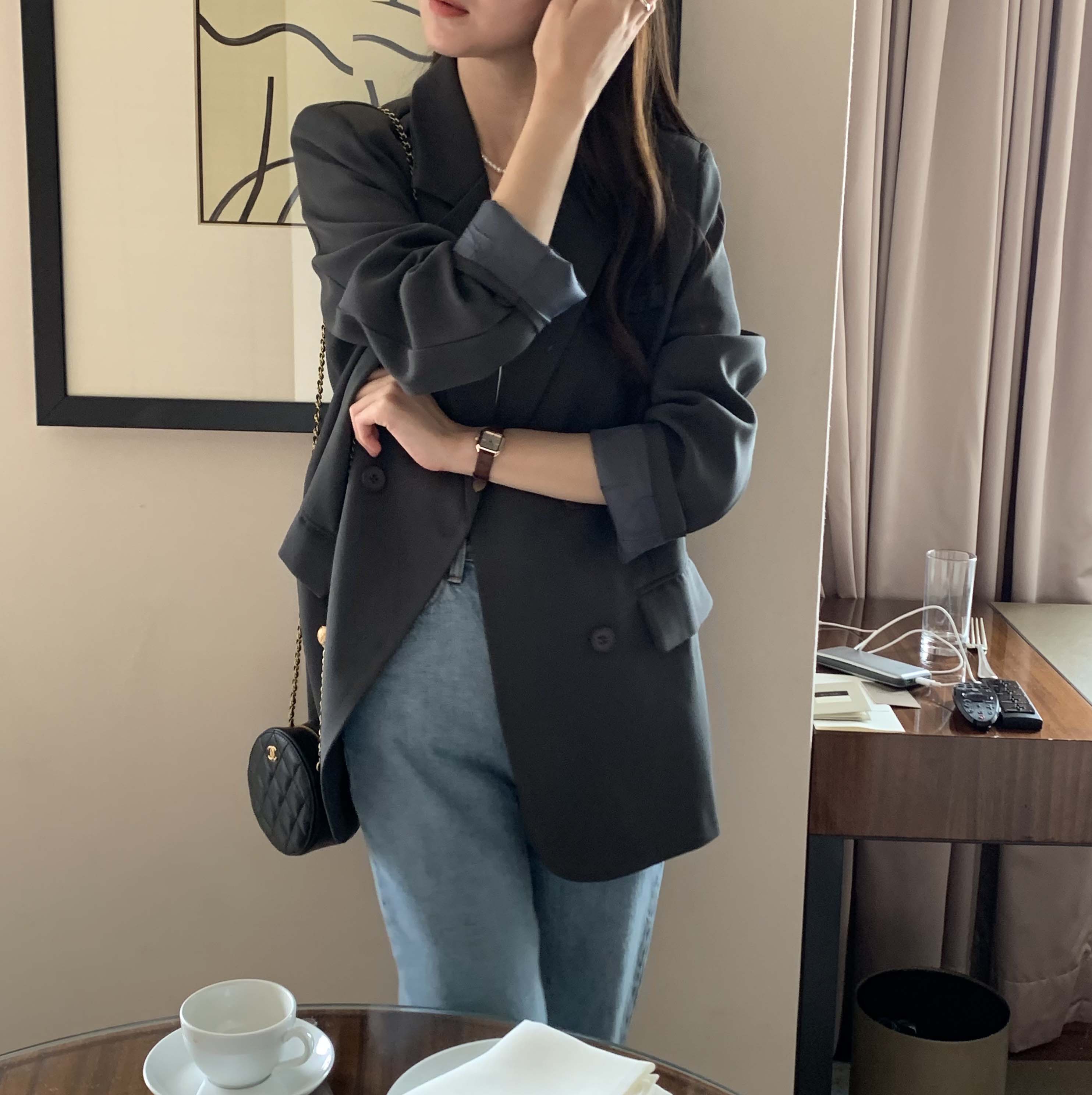 여성용 고급 루즈핏 더블버튼 봄 간절기 오버핏 카라넥 긴팔 캐쥬얼 하프 자켓(블랙,챠콜) 이미지 4