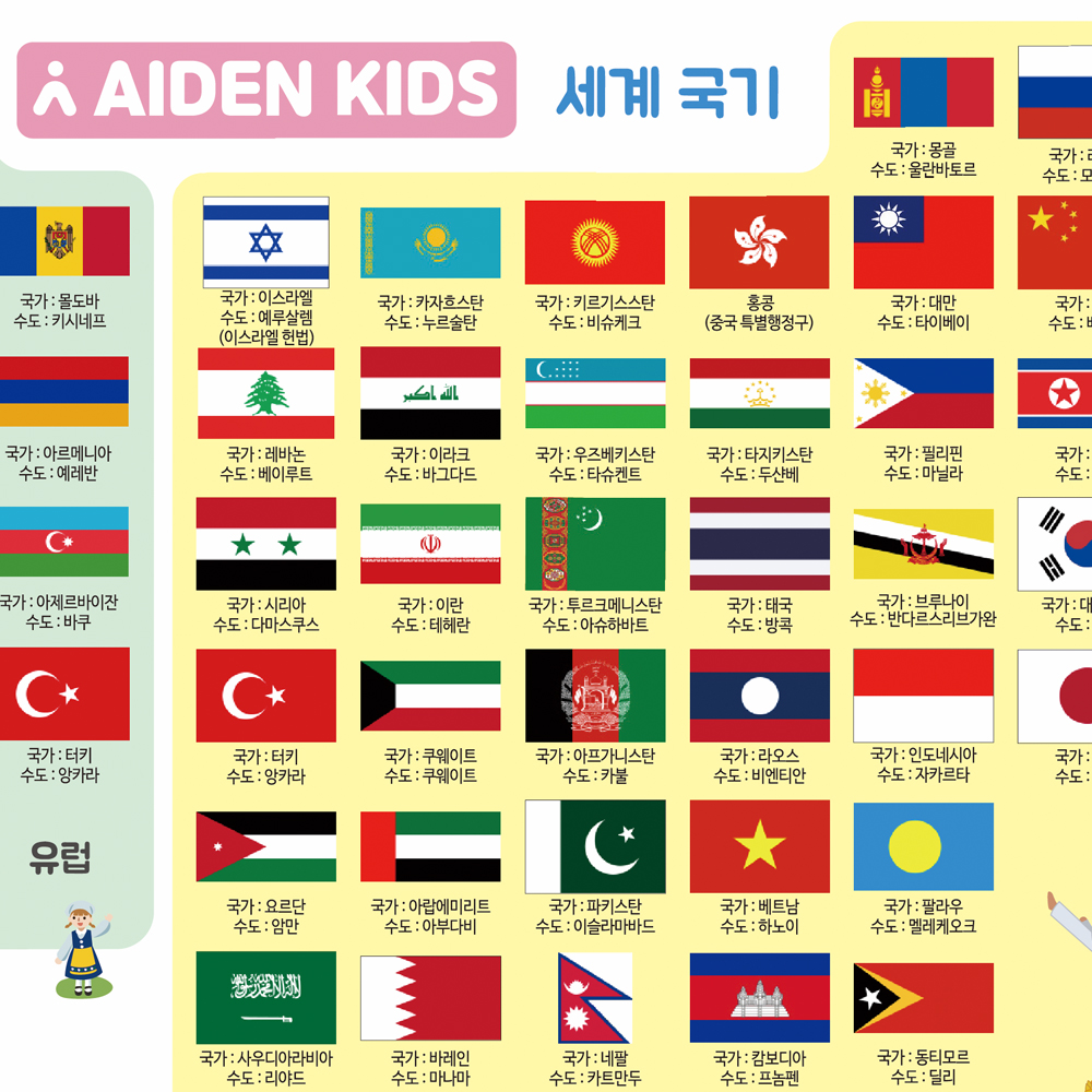 에이든 키즈 세계국기189개 국기 A3 사이즈 flag 어린이 유아 세계 만국기 벽보 - 상세 이미지 4