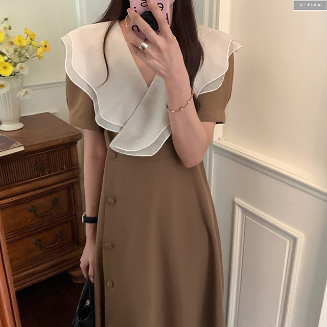 오브리 빅물결 카라 실키 버튼 롱원피스 3col 여름 봄 쉬폰 허리끈 하객 모임 제이플로우 - 상세 이미지 4