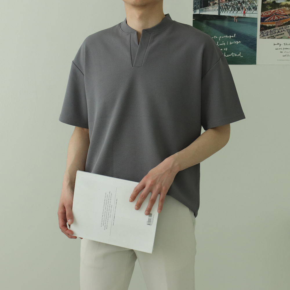 1+1 남자반팔티 오버핏 무지 헨리넥 티셔츠 - 상세 이미지 3