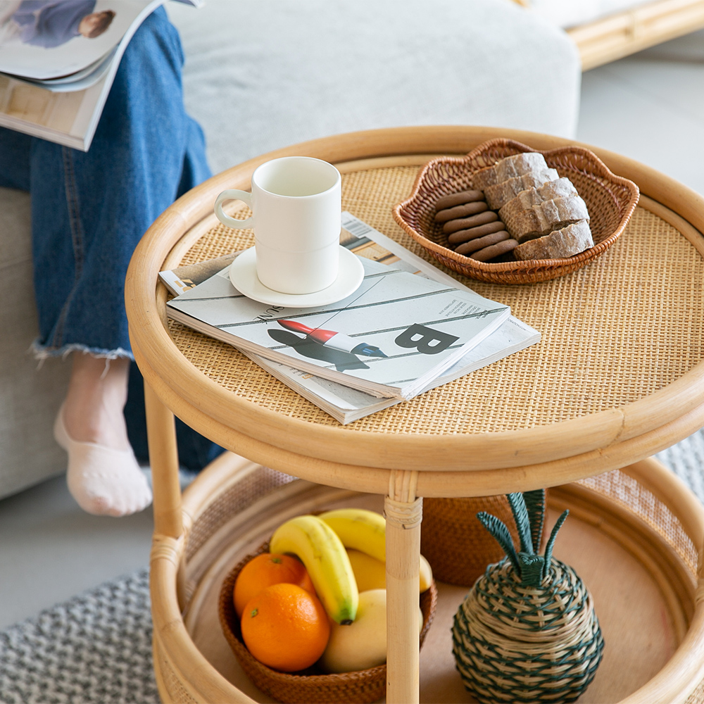 라탄 티테이블 쇼파 침대 간이 거실협탁 보조 원형 카페 감성 원목 빈티지