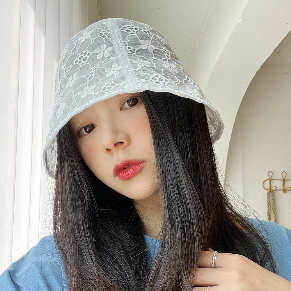 나팔 레이스 시스루 벙거지 버킷햇 여성 봄 여름 플라워 모자 - 상세 이미지 2