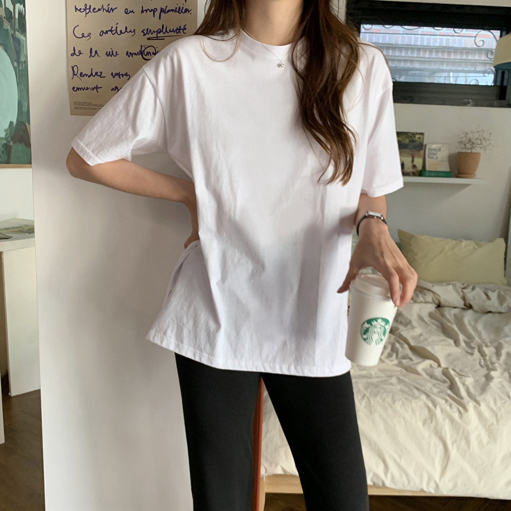 오버핏 옆트임 이너 레이어드 티셔츠 기본 봄 여성 티셔츠 면 라운드 여자 롱티 - 상세 이미지 5