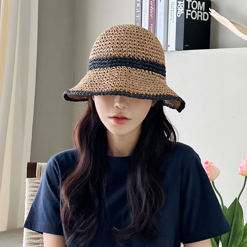 썸머 배색 왕골 여름 여성 밀짚 벙거지 버킷햇 이미지 6