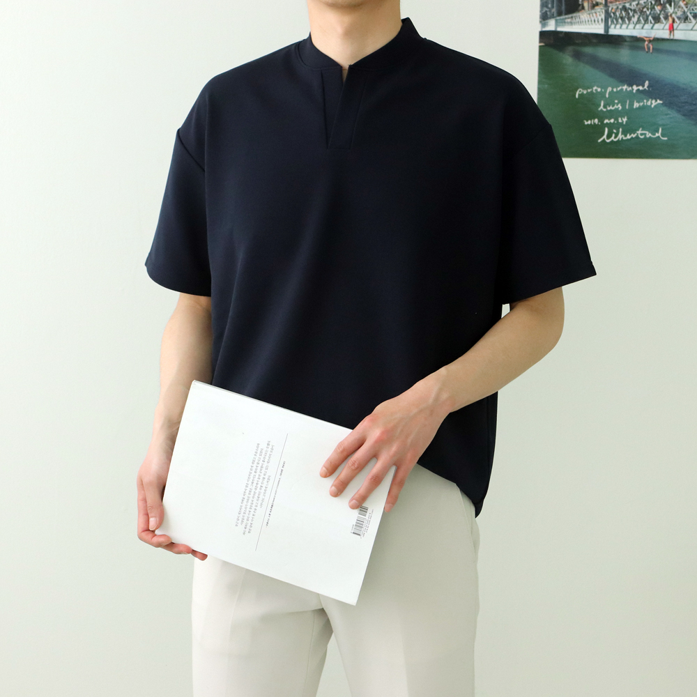 1+1 남자반팔티 오버핏 무지 헨리넥 티셔츠 - 상세 이미지 5