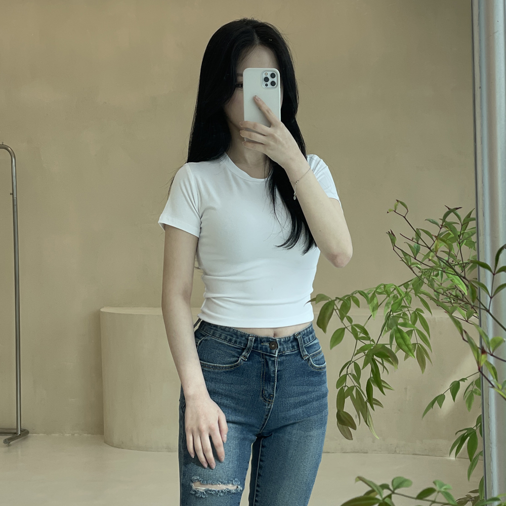 글램 티셔츠 여름 반팔 베이직 레이온 스판 크롭 슬림 핏 - 상세 이미지 3