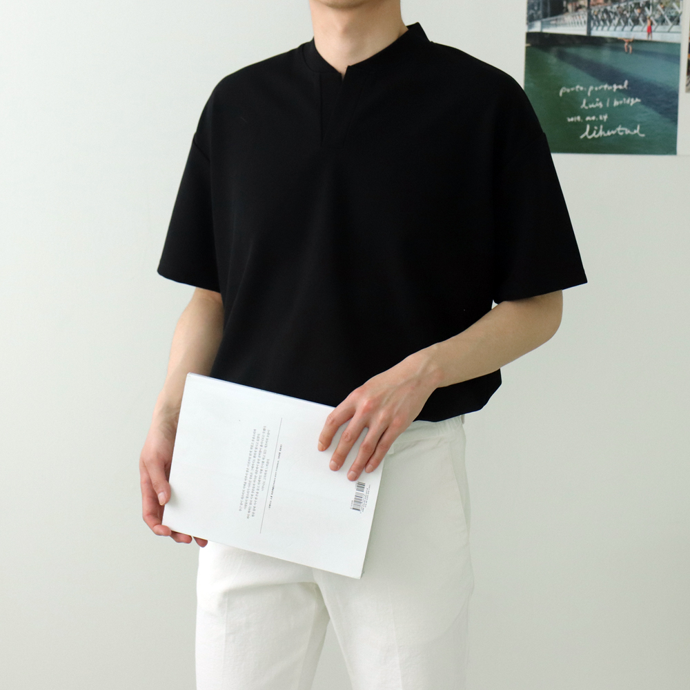 1+1 남자반팔티 오버핏 무지 헨리넥 티셔츠 - 상세 이미지 4