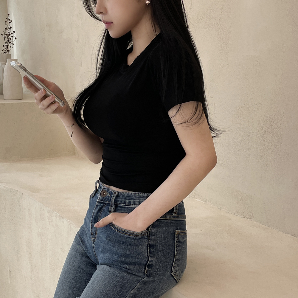 글램 티셔츠 여름 반팔 베이직 레이온 스판 크롭 슬림 핏 - 상세 이미지 5