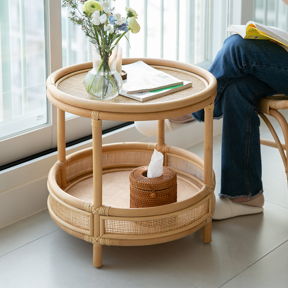 라탄 티테이블 쇼파 침대 간이 거실협탁 보조 원형 카페 감성 원목 빈티지