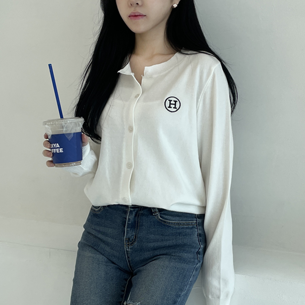 에이치 가디건 H 베이직 라운드 봄 가을 기본 니트 루즈 핏 카디건 간절기 긴팔 - 상세 이미지 2
