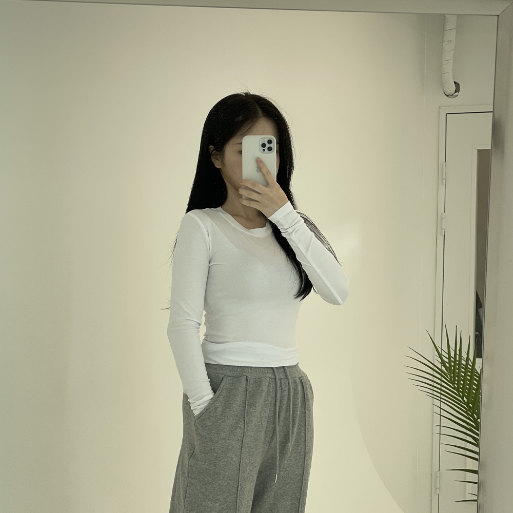 베이직 라운드 티셔츠 여성 기본티 긴팔 레이어드 이너 면스판 슬림핏 무지티 - 상세 이미지 3