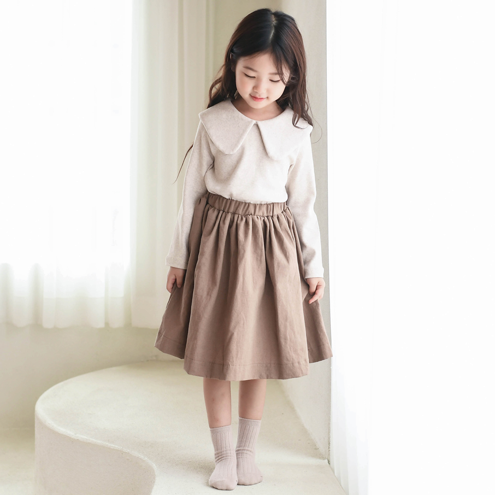 야네크 오가닉 스커트 봄 가을 베이지 브라운 밴딩 치마 베이직 기본 면 린넨 여아 아동 - 상세 이미지 4